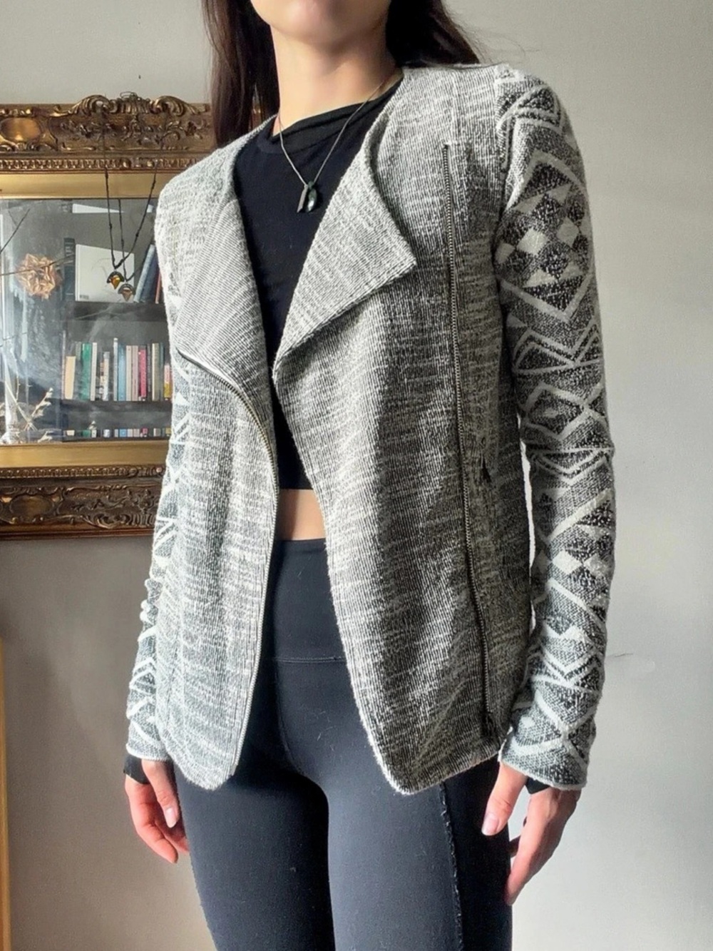 Lucky Brand Gray & White Geometric Zip-Front Cardigan